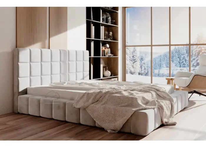 Beżowe łóżko tapicerowane z grubymi bokami
